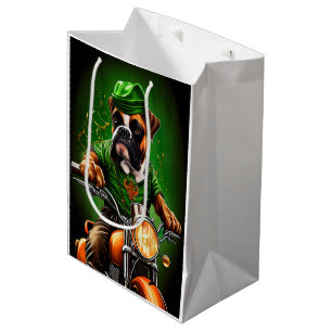 Sac Cadeau Moyen Chien Boxer Conduisant un Vélo Jour de la Saint-Pa