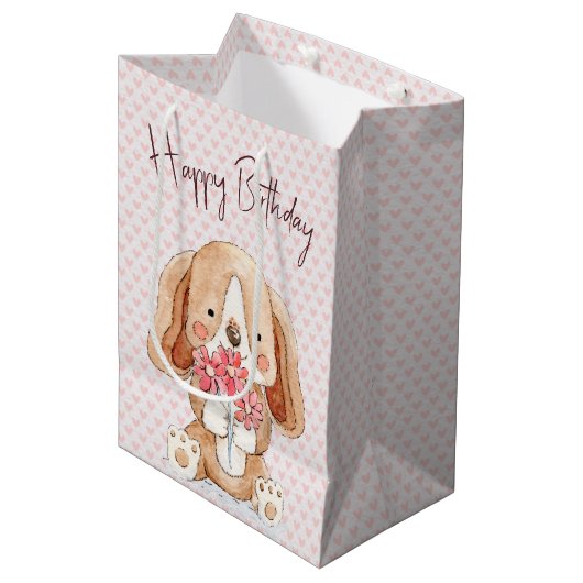 Sac Cadeau Moyen Chien d'anniversaire avec fleurs sur les coeurs ro (Devant Angle)