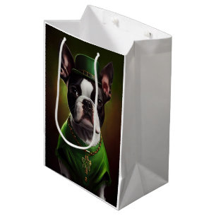 Sac Cadeau Moyen Chien de Boston Terrier en Robe du Jour de la Sain