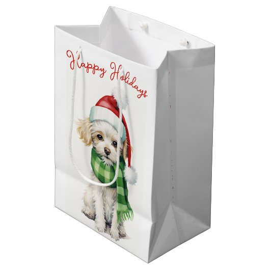 Sac Cadeau Moyen Chien de caniche de Noël avec Casquette (Devant Angle)