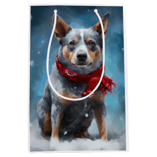 Sac Cadeau Moyen Chien de Heeler Bleu à Noël de neige (Devant)