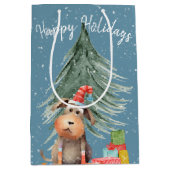 Sac Cadeau Moyen Chien de Noël et pin dans les flocons de neige (Devant)