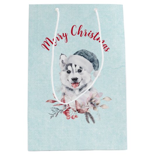 Sac Cadeau Moyen Chien de Noël Husky dans un chapeau de Père Noël (Devant)