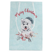 Sac Cadeau Moyen Chien de Noël Husky dans un chapeau de Père Noël (Dos)