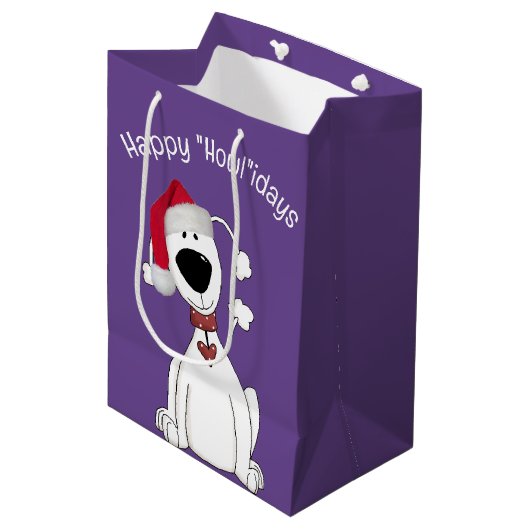 Sac Cadeau Moyen Chien de Noël sur violet (Devant Angle)