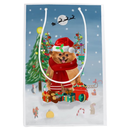 Sac Cadeau Moyen Chien de Poméranie avec cadeaux de Noël (Devant)