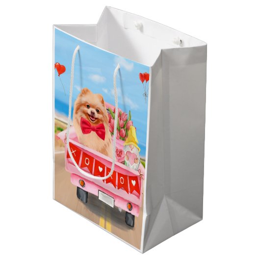 Sac Cadeau Moyen Chien de Poméranie Saint Valentin Coeurs de Camion (Devant Angle)