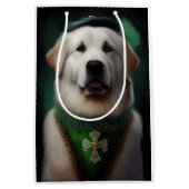 Sac Cadeau Moyen Chien des Pyrénées dans la robe de la Saint Patric (Devant)