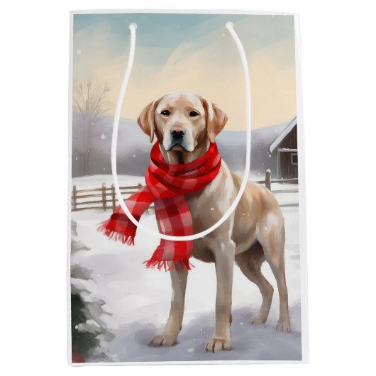 Sac Cadeau Moyen Chien du Labrador à Noël de neige (Devant)