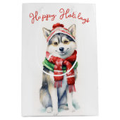 Sac Cadeau Moyen Chien Husky Sibérien de Noël (Devant)