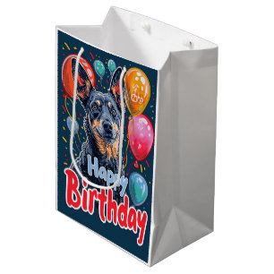 Sac Cadeau Moyen Chien Kelpie Australien avec Ballons Anniversaire