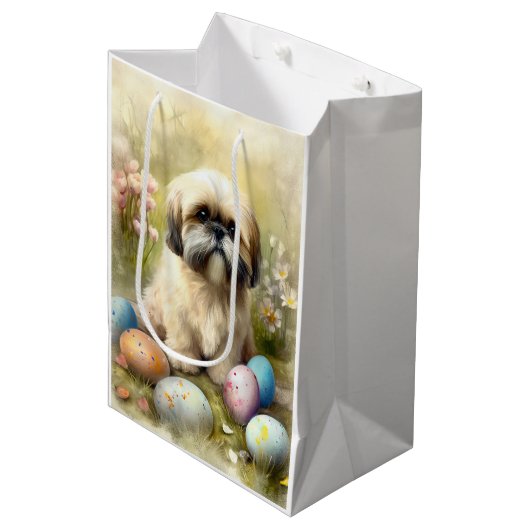 Sac Cadeau Moyen Chien Lhassa Apso avec oeufs de Pâques vacances (Devant Angle)