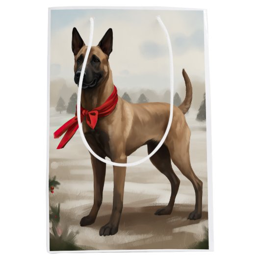 Sac Cadeau Moyen Chien malinois belge à Noël de neige (Devant)