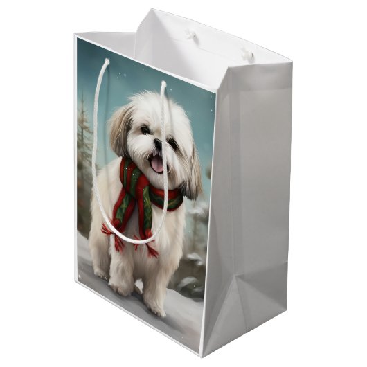 Sac Cadeau Moyen Chien Malti Tzu à Noël de neige (Dos Angle)