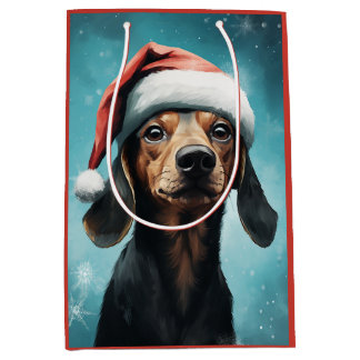 Sac Cadeau Moyen Chien mignon portant le chapeau du Père Noël Dachs
