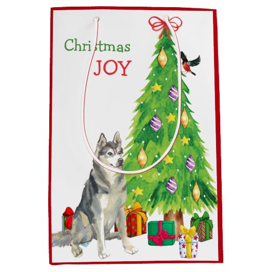 Sac Cadeau Moyen Chien sibérien Husky, Oiseau et Arbre de Noël (Devant)