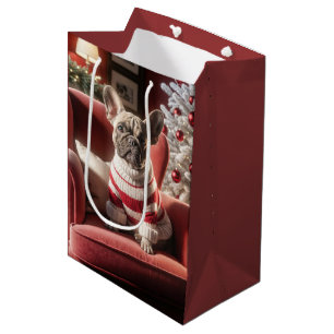 Sac Cadeau Moyen Chien-taureau français de Noël sur la chaise rouge