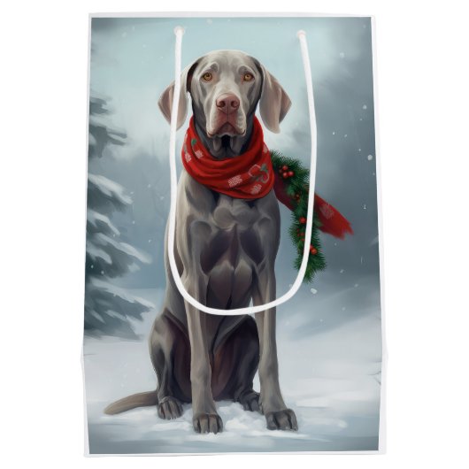 Sac Cadeau Moyen Chien Weimaraner à Noël de neige (Dos)