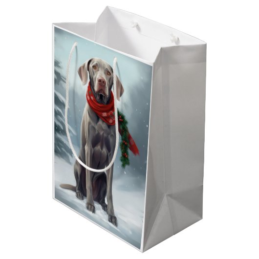 Sac Cadeau Moyen Chien Weimaraner à Noël de neige (Dos Angle)