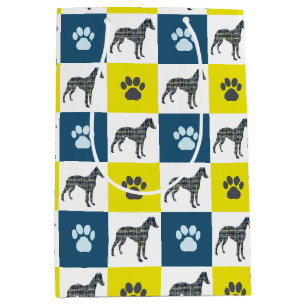 Sac Cadeau Moyen Chien Whippet & Paw Yellow & Blue Grid