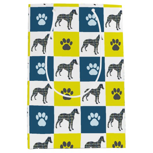 Sac Cadeau Moyen Chien Whippet & Paw Yellow & Blue Grid (Devant)