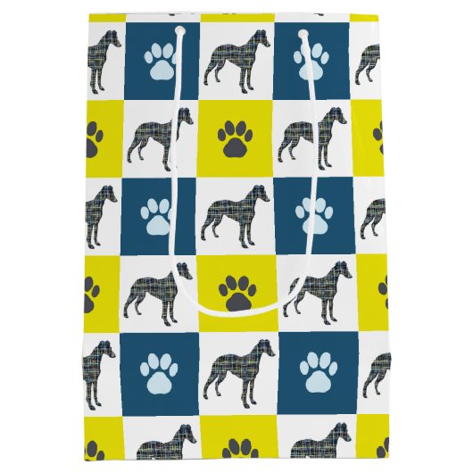 Sac Cadeau Moyen Chien Whippet & Paw Yellow & Blue Grid (Dos)