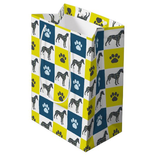 Sac Cadeau Moyen Chien Whippet & Paw Yellow & Blue Grid (Dos Angle)
