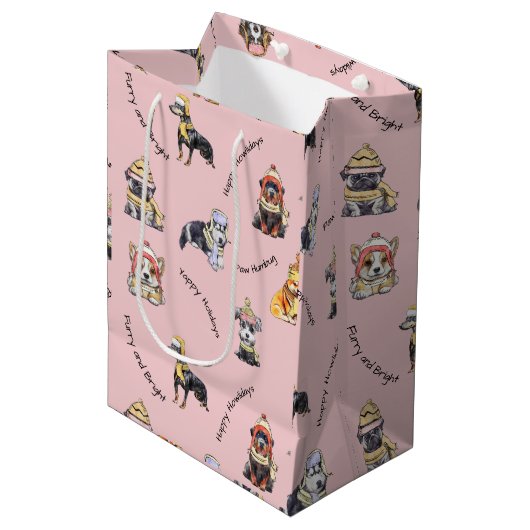 Sac Cadeau Moyen Chiens de Noël rose mignon Motif Illustré (Devant Angle)