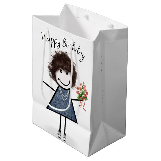 Sac Cadeau Moyen Chiffre Anniversaire Fille Avec Bouquet (Devant Angle)