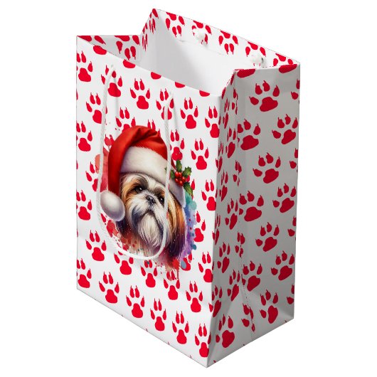 Sac Cadeau Moyen Chih Tzu Chien à Santa Hat Noël (Devant Angle)