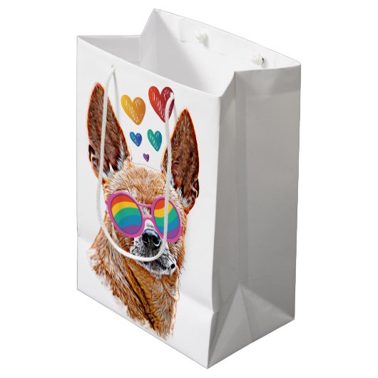 Sac Cadeau Moyen Chihuahua Chien avec Coeurs Saint Valentin (Devant Angle)