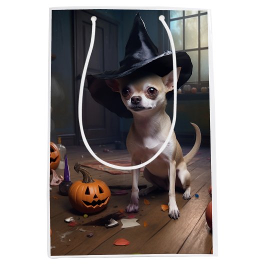 Sac Cadeau Moyen Chihuahua Citrouilles Halloween effrayant (Devant)