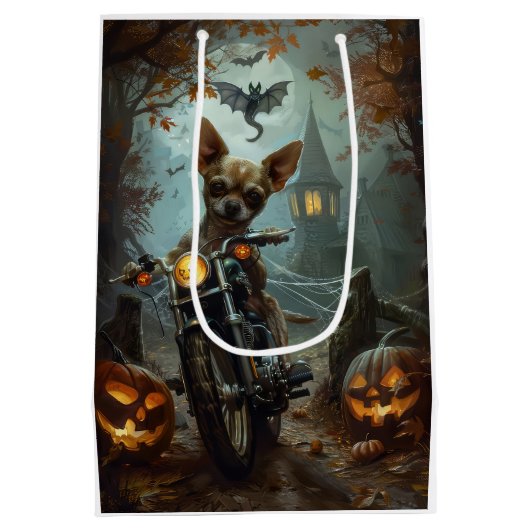 Sac Cadeau Moyen Chihuahua équitation moto Halloween effrayant (Dos)