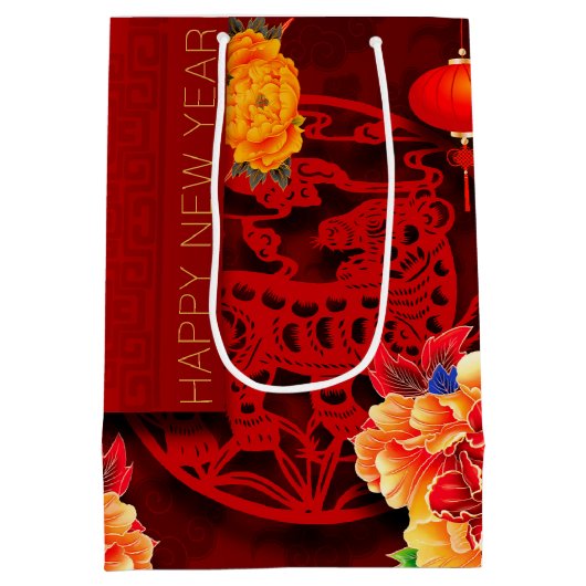 Sac Cadeau Moyen Chinois Tiger coupé en papier Peonies Nouvel An 20 (Dos)