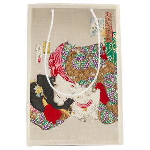 Sac Cadeau Moyen Chinoiserie Dame Japonaise & Chat Art du Kimono