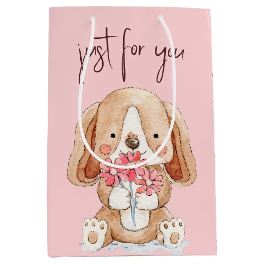 Sac Cadeau Moyen Chiot avec des fleurs (Devant)