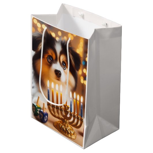 Sac Cadeau Moyen Chiot de Hanukkah mignon (Devant Angle)