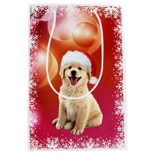 Sac Cadeau Moyen Chiot de Noël de golden retriever (Devant)