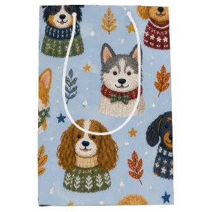 Sac Cadeau Moyen Chiots en Pull Cosy Motif de Chien d'Hiver