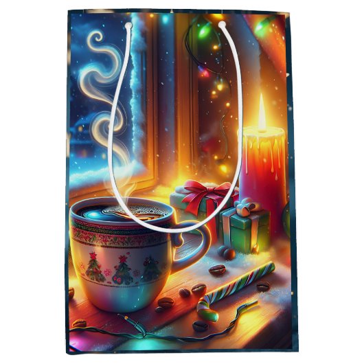 Sac Cadeau Moyen Chocolat chaud dans une fenêtre de Noël (Devant)