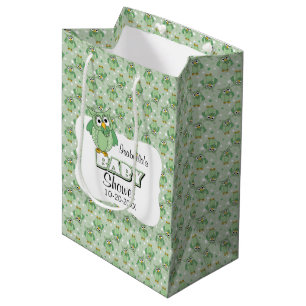 Sac Cadeau Moyen Chouette à points de polka vert - Baby shower