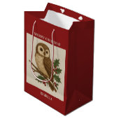 Sac Cadeau Moyen Chouette de Noël brodée rustique avec Holly (Devant Angle)