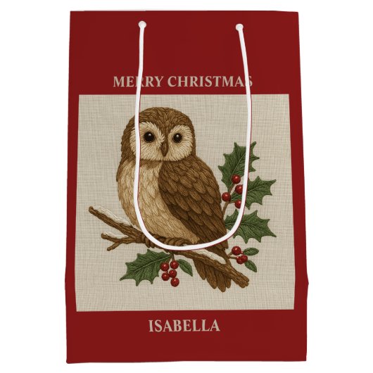 Sac Cadeau Moyen Chouette de Noël brodée rustique avec Holly (Dos)