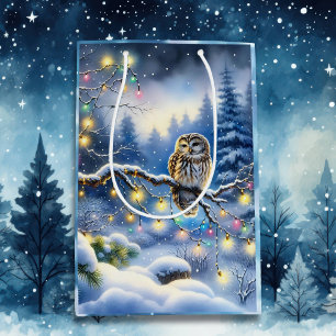 Sac Cadeau Moyen Chouette de Noël dans la Forêt Magique d'Hiver Enc