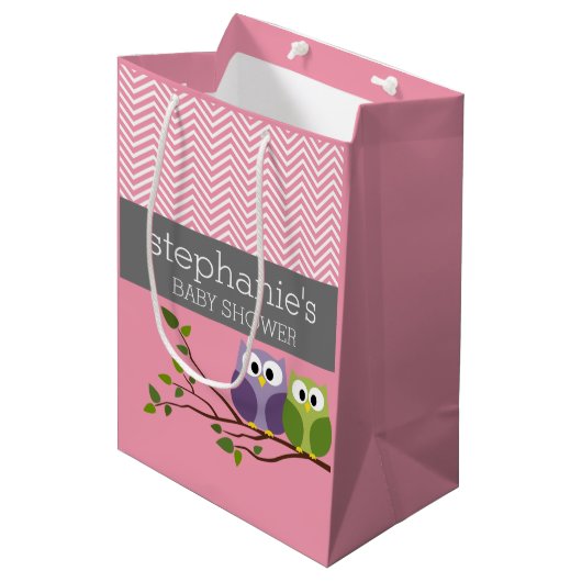 Sac Cadeau Moyen Chouettes mignonnes sur Branche Bébé Fille Douche (Devant Angle)