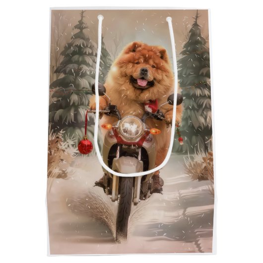 Sac Cadeau Moyen Chow Chow Chien chevauchant la moto Noël (Dos)