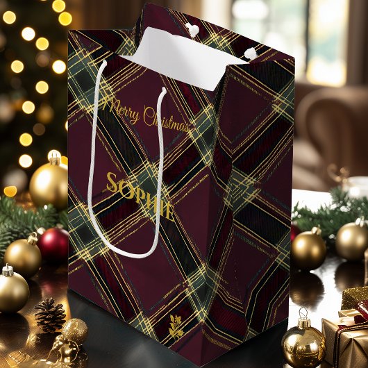 Sac Cadeau Moyen Christmas Gift Bag Plaid Tartan Gold Pattern
