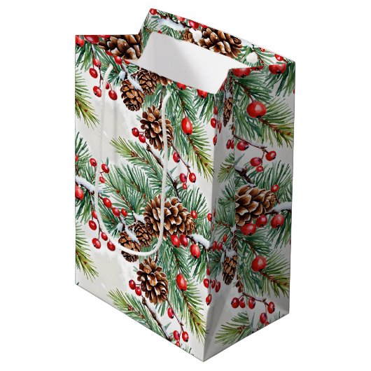 Sac Cadeau Moyen Christmas Holly et Pinecones (Devant Angle)
