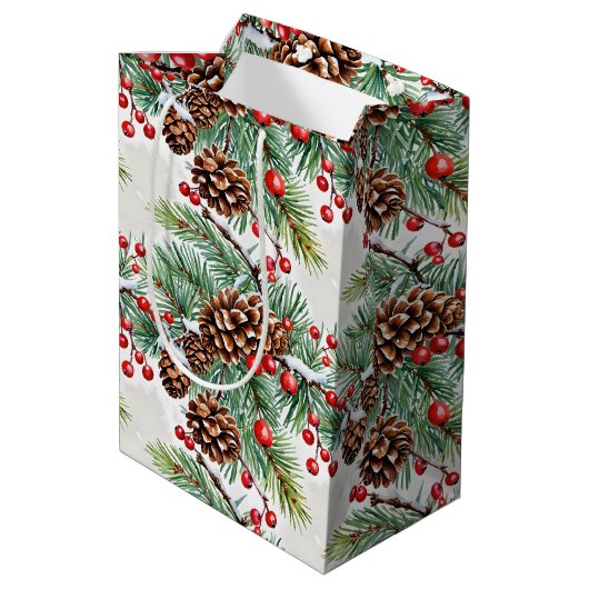 Sac Cadeau Moyen Christmas Holly et Pinecones (Dos Angle)