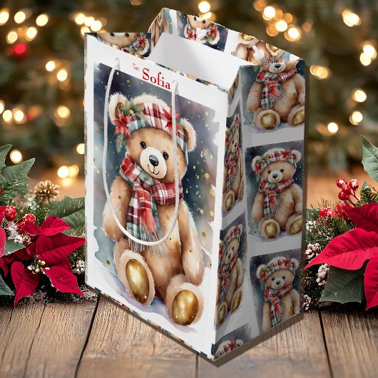 Sac Cadeau Moyen Christmas Teddy Bear add Name